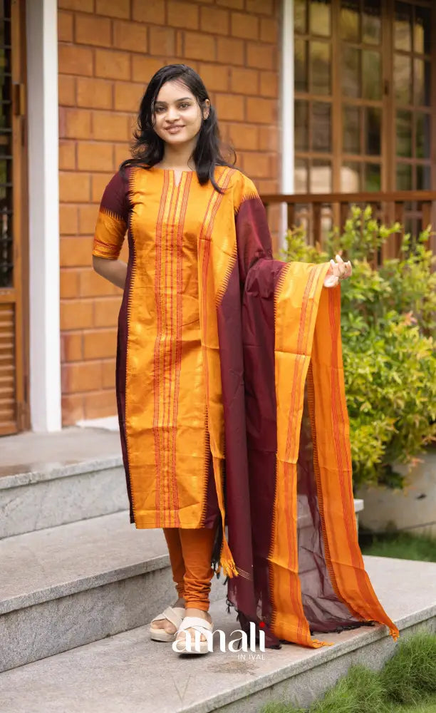 Meera Dark Maroon with Two-tone Mustard Yellow Chettinad Cotton Salwar salwar