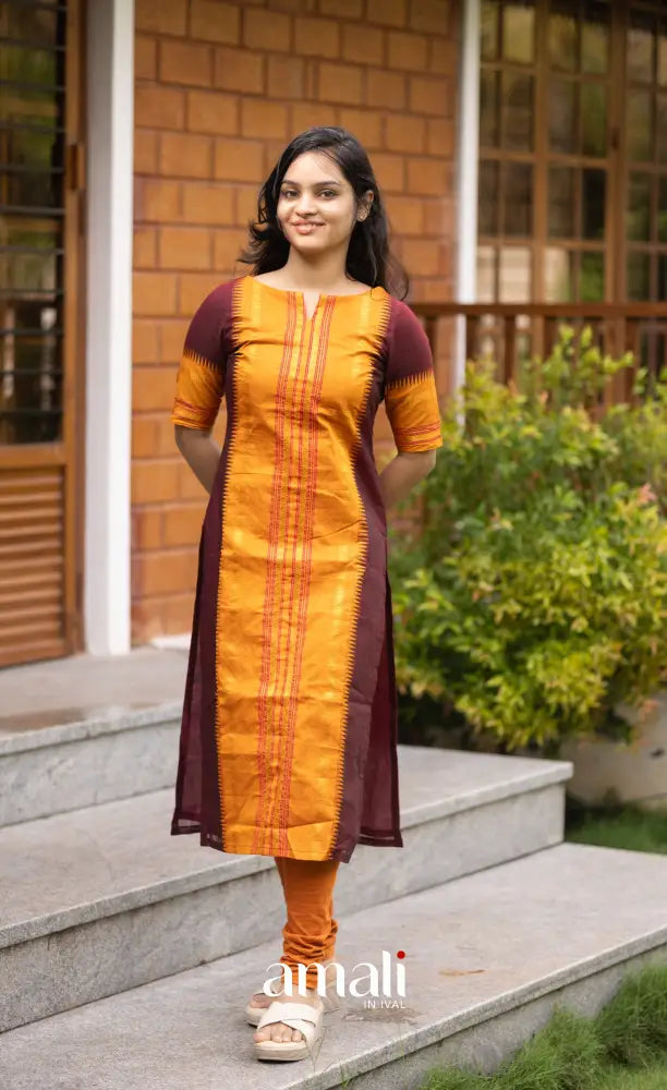 Meera Dark Maroon with Two-tone Mustard Yellow Chettinad Cotton Salwar salwar