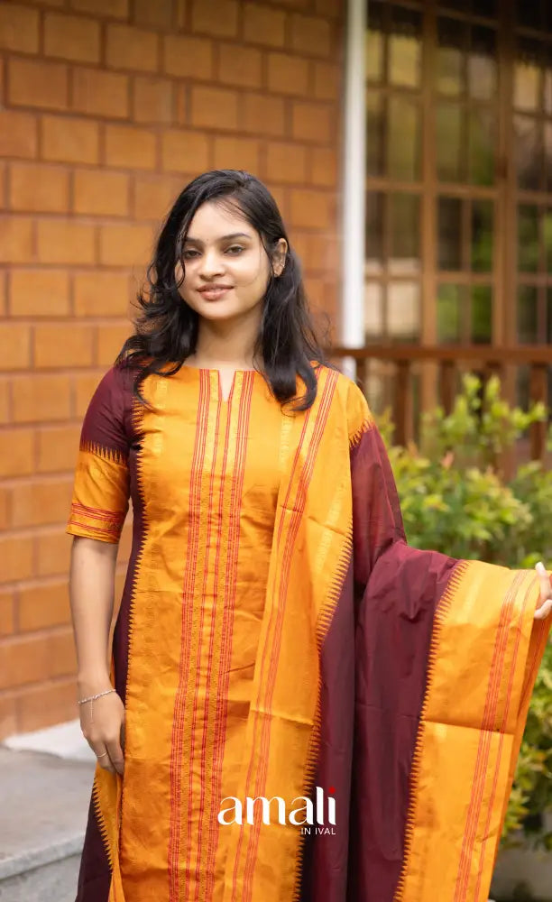 Meera Dark Maroon with Two-tone Mustard Yellow Chettinad Cotton Salwar salwar