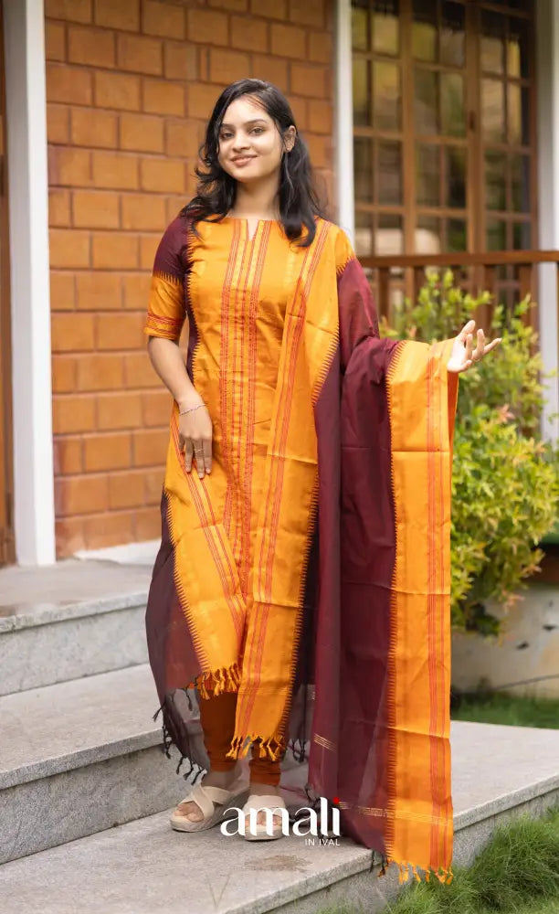 Meera Dark Maroon with Two-tone Mustard Yellow Chettinad Cotton Salwar salwar