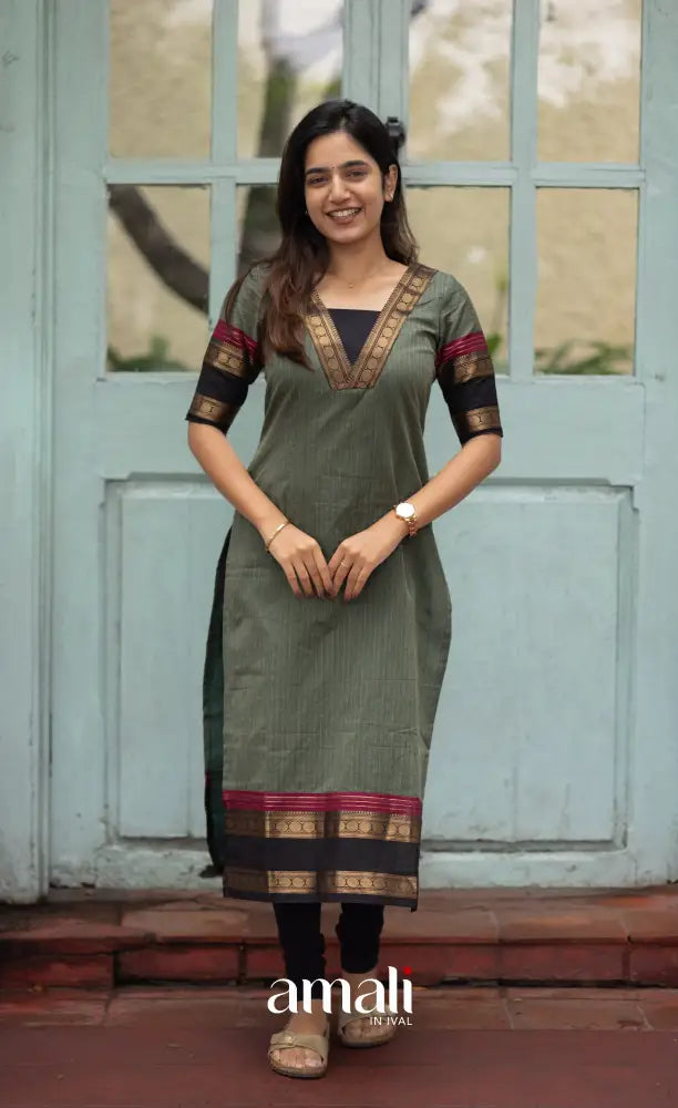 Meera Dull Greenish Grey with Black Chettinad Cotton Salwar salwar