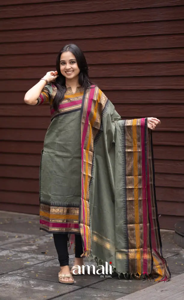 Meera Dull Greenish Grey with Black Chettinad Cotton Salwar salwar