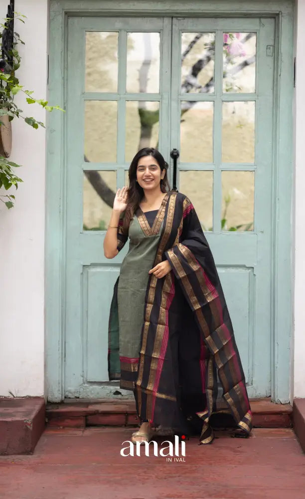 Meera Dull Greenish Grey with Black Chettinad Cotton Salwar salwar