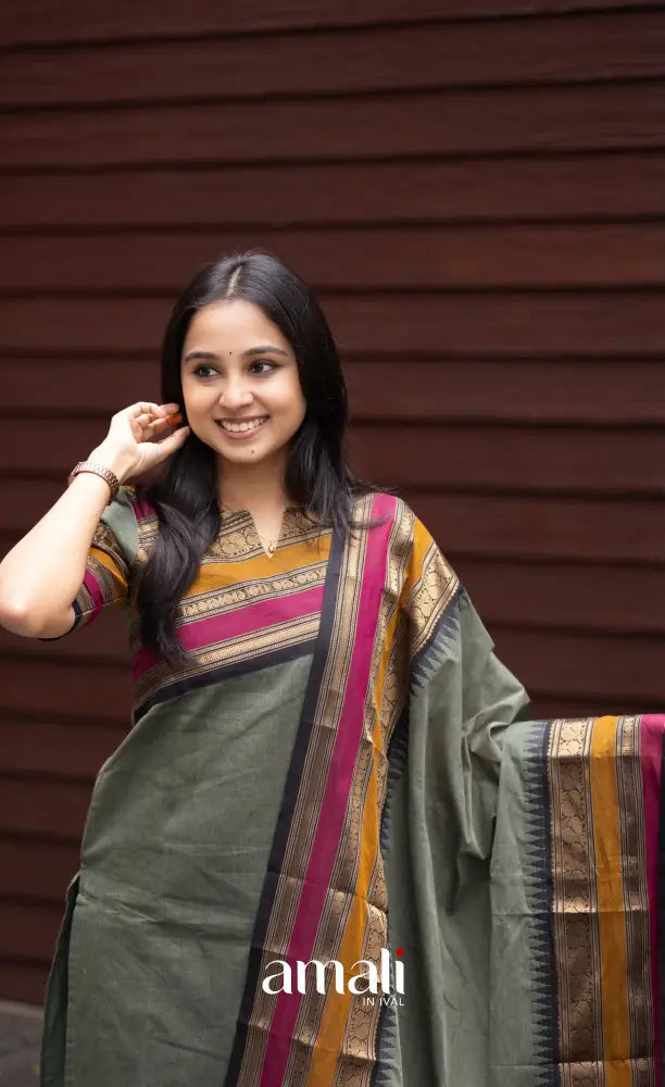 Meera Dull Greenish Grey with Black Chettinad Cotton Salwar salwar