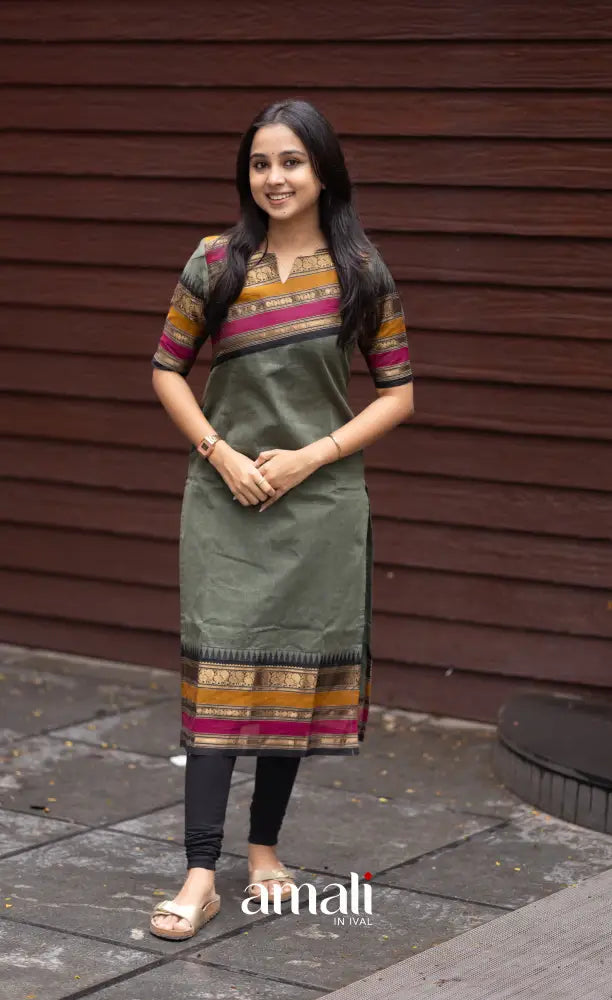 Meera Dull Greenish Grey with Black Chettinad Cotton Salwar salwar