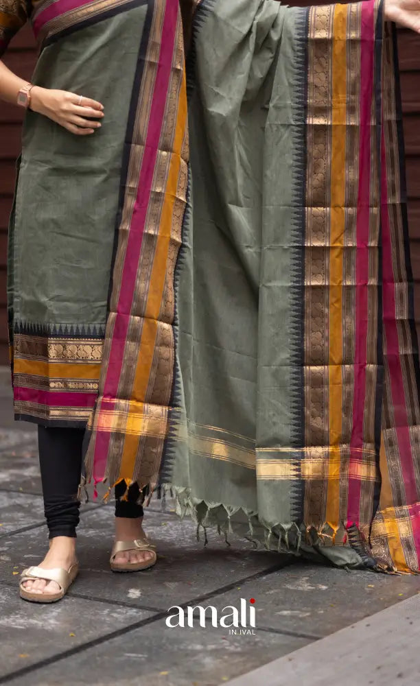 Meera Dull Greenish Grey with Black Chettinad Cotton Salwar salwar