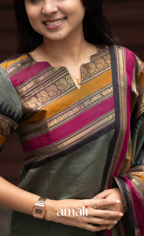 Meera Dull Greenish Grey with Black Chettinad Cotton Salwar salwar