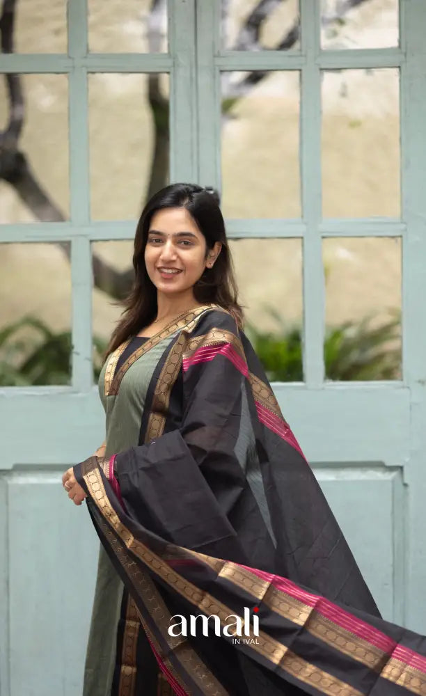 Meera Dull Greenish Grey with Black Chettinad Cotton Salwar salwar