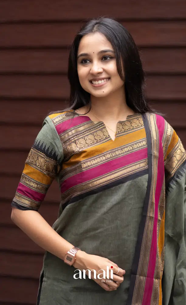 Meera Dull Greenish Grey with Black Chettinad Cotton Salwar salwar