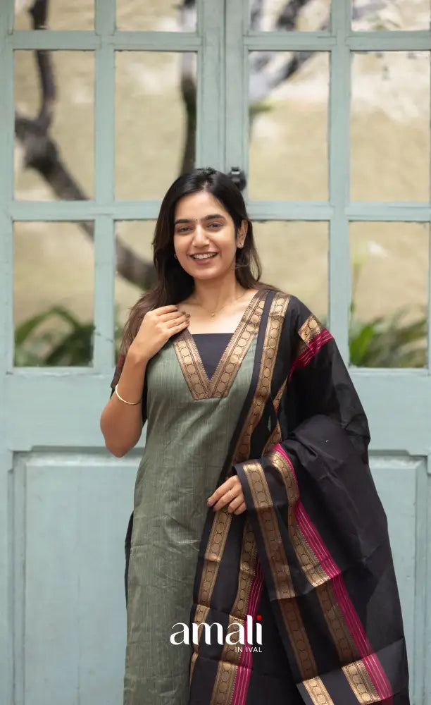 Meera Dull Greenish Grey with Black Chettinad Cotton Salwar salwar