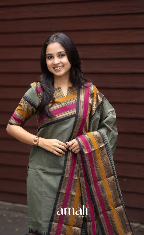 Meera Dull Greenish Grey with Black Chettinad Cotton Salwar salwar