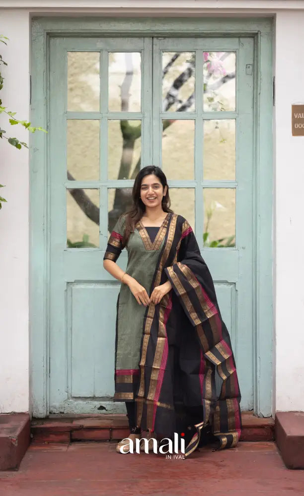 Meera Dull Greenish Grey with Black Chettinad Cotton Salwar salwar