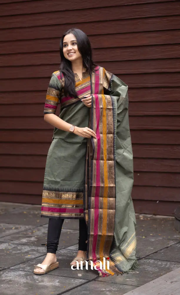 Meera Dull Greenish Grey with Black Chettinad Cotton Salwar salwar