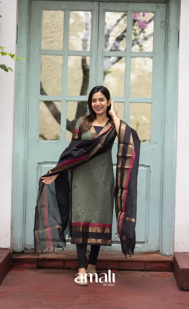 Meera Dull Greenish Grey with Black Chettinad Cotton Salwar salwar