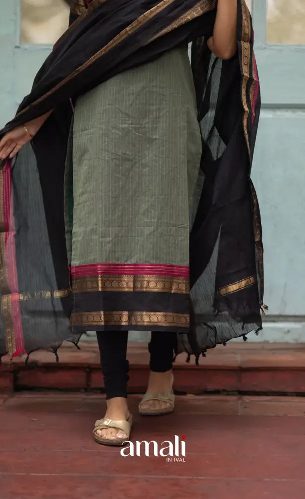 Meera Dull Greenish Grey with Black Chettinad Cotton Salwar salwar