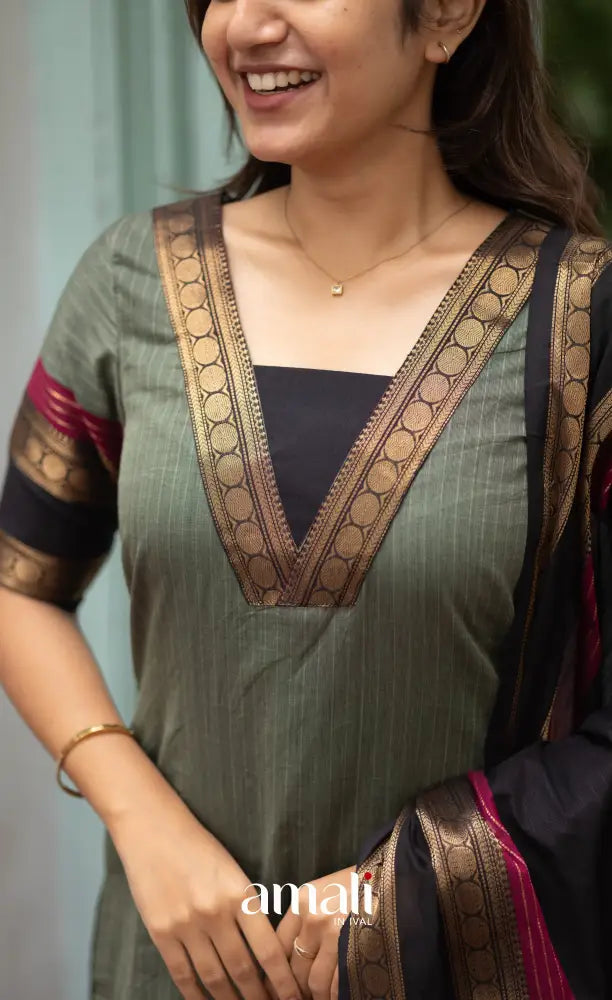 Meera Dull Greenish Grey with Black Chettinad Cotton Salwar salwar