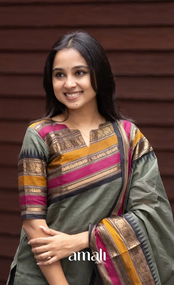 Meera Dull Greenish Grey with Black Chettinad Cotton Salwar salwar