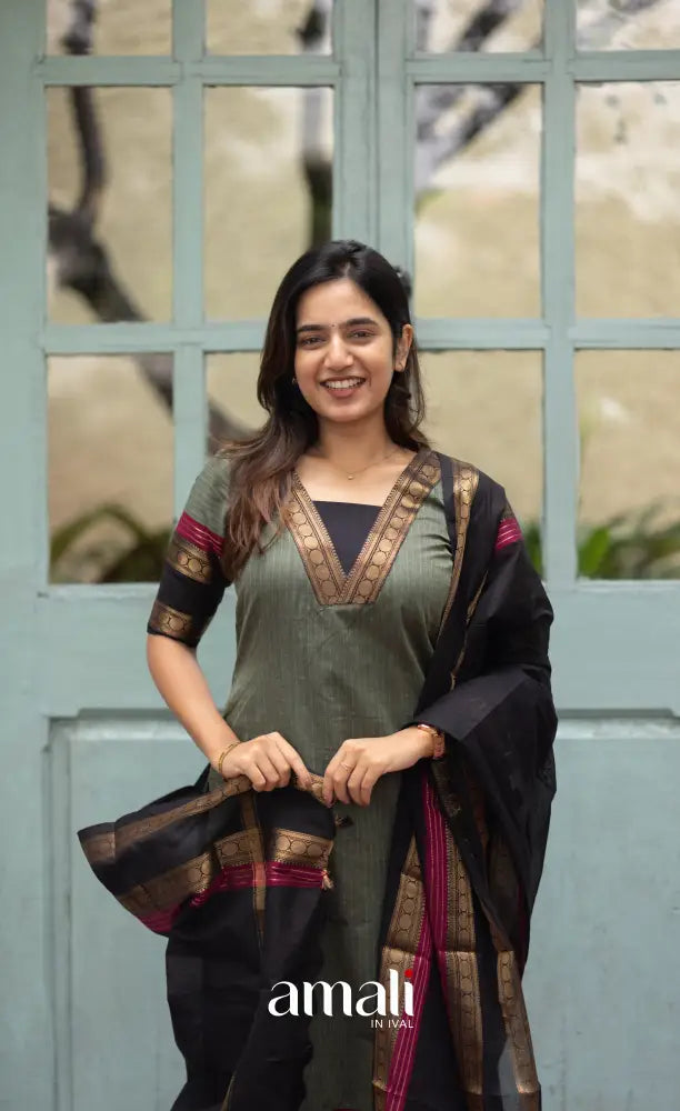 Meera Dull Greenish Grey with Black Chettinad Cotton Salwar salwar