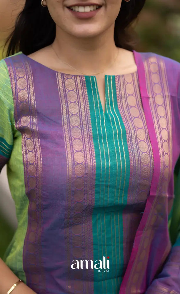 Meera Leaf Green with Purple Chettinad Cotton Salwar salwar