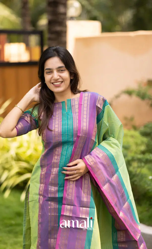 Meera Leaf Green with Purple Chettinad Cotton Salwar salwar