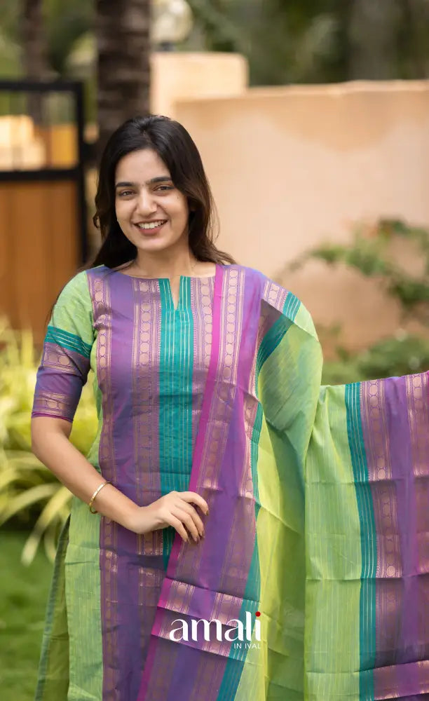 Meera Leaf Green with Purple Chettinad Cotton Salwar salwar