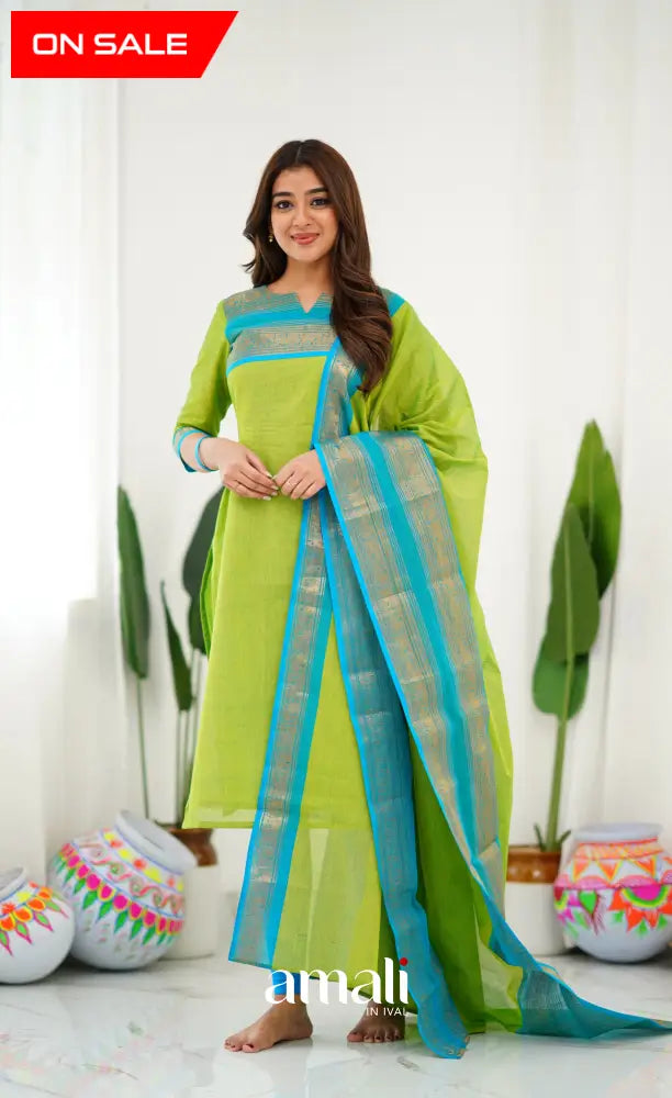 Meera Light Green tone and Blue Shade Cotton Salwar salwar