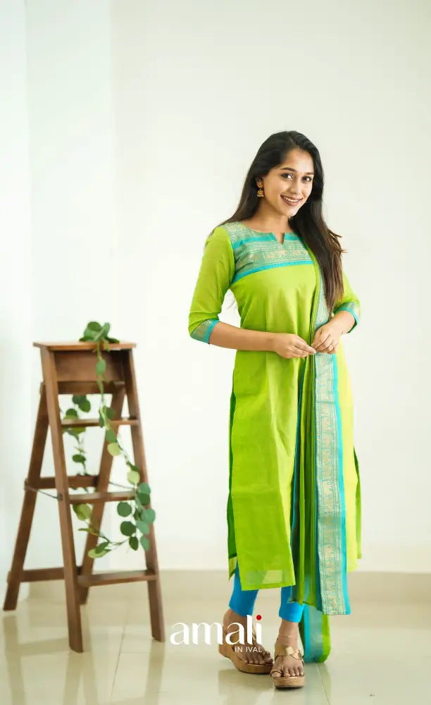 Meera Light Green tone and Blue Shade Cotton Salwar salwar
