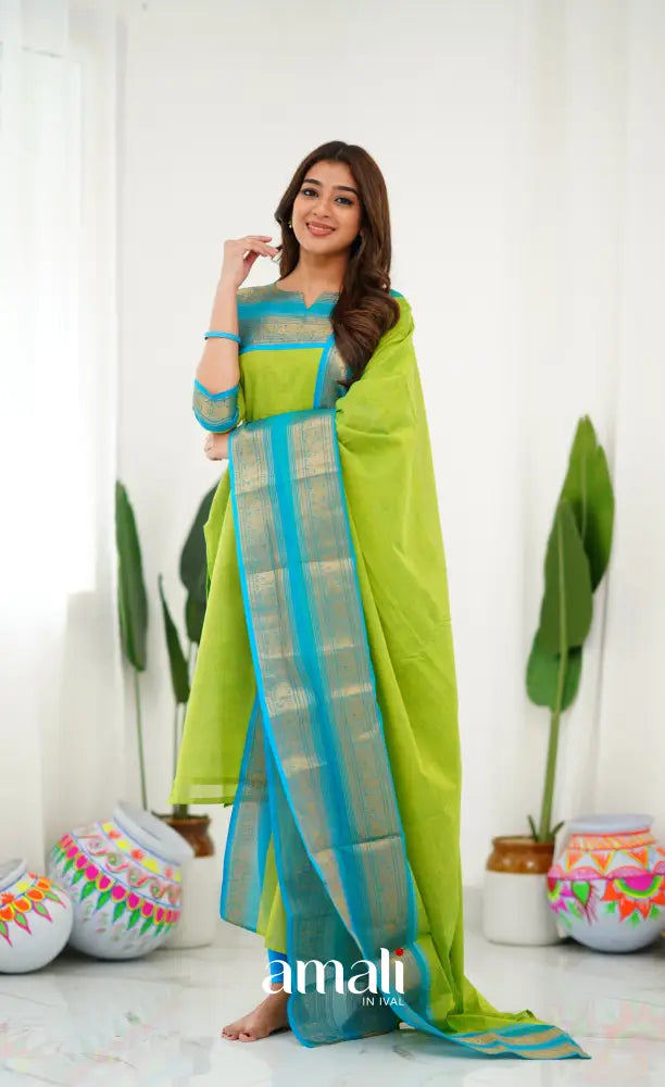 Meera Light Green tone and Blue Shade Cotton Salwar salwar