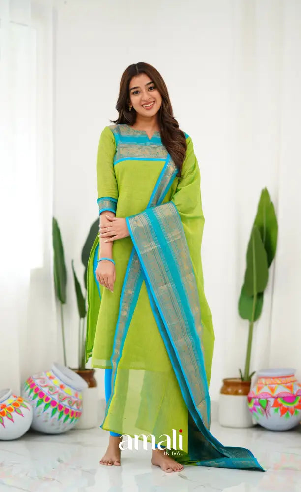 Meera Light Green tone and Blue Shade Cotton Salwar salwar