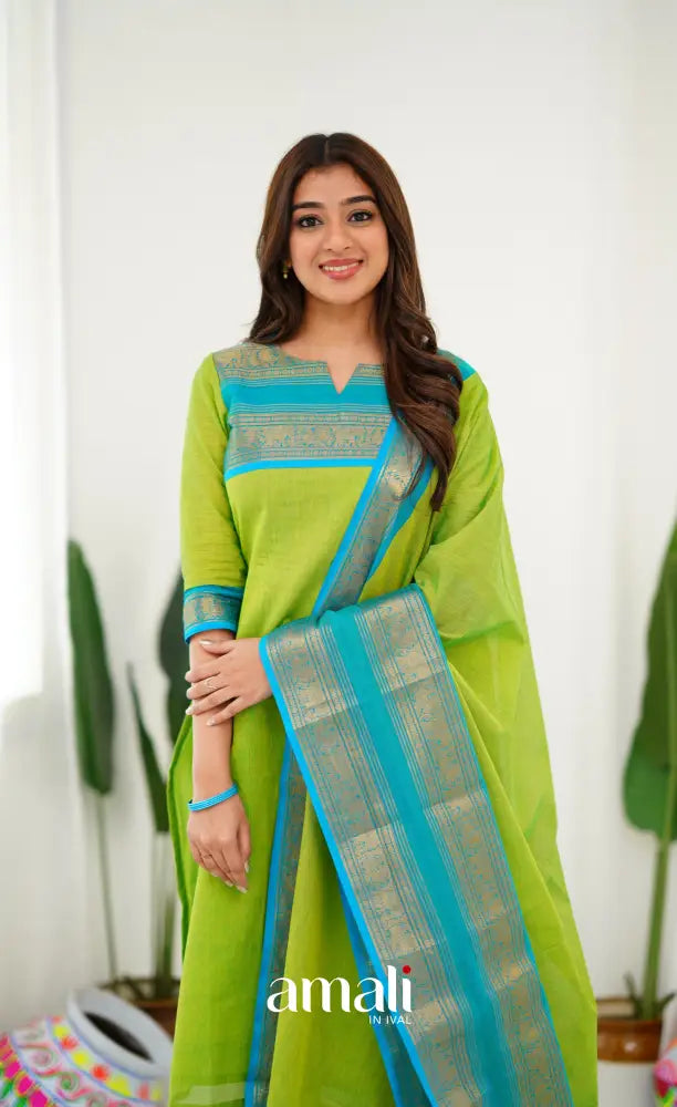 Meera Light Green tone and Blue Shade Cotton Salwar salwar