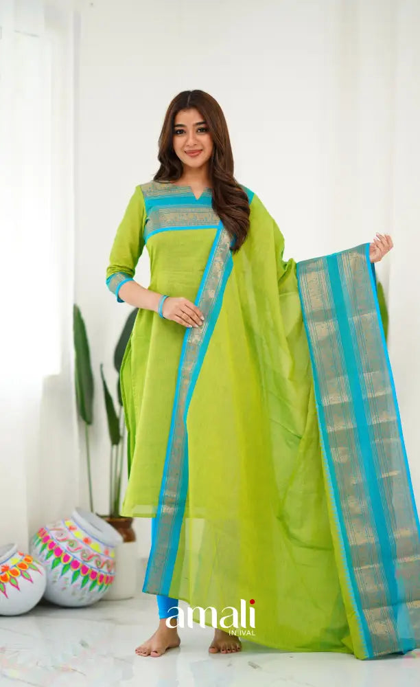 Meera Light Green tone and Blue Shade Cotton Salwar salwar