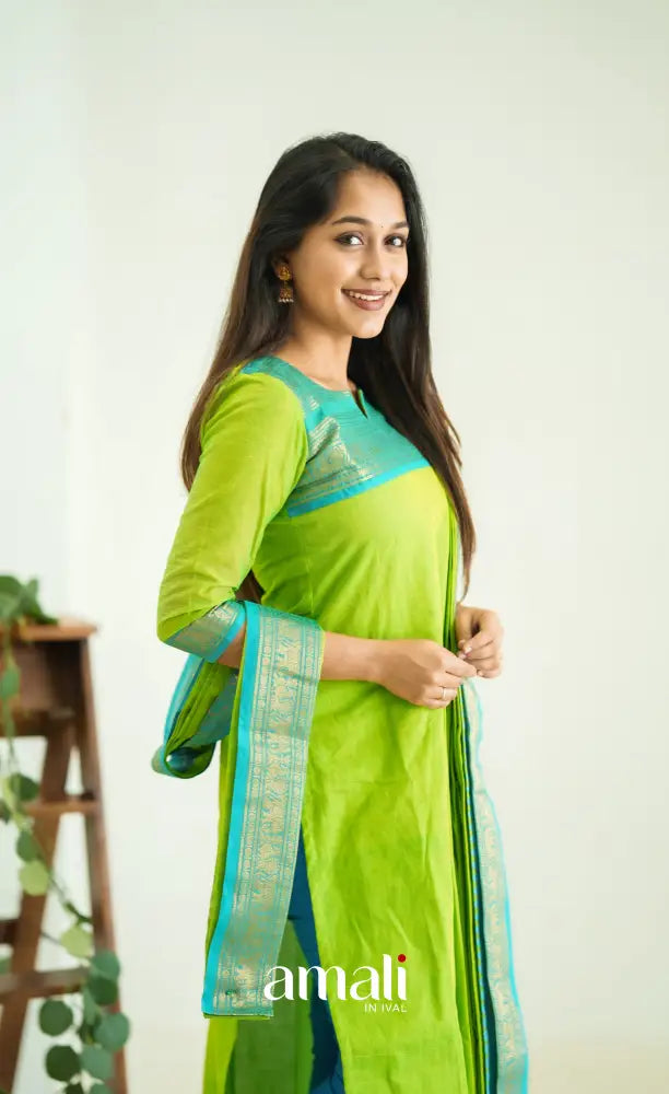Meera Light Green tone and Blue Shade Cotton Salwar salwar