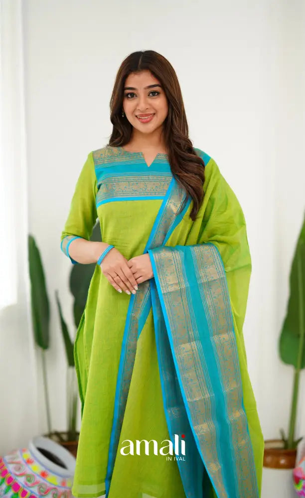 Meera Light Green tone and Blue Shade Cotton Salwar salwar