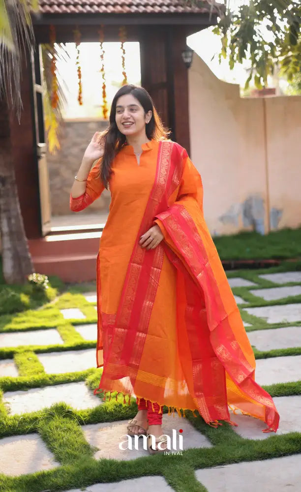 Meera Orange with Bright Red Chettinad Cotton Salwar salwar
