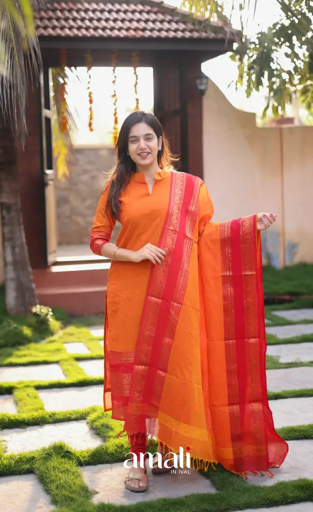 Meera Orange with Bright Red Chettinad Cotton Salwar salwar