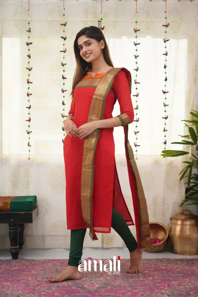 Meera Red Shade And Bottle Green Tone Cotton Salwar Salwar