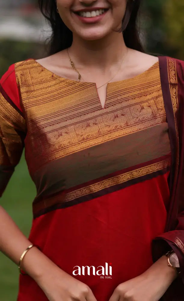 Meera Red with Deep Maroon Chettinad Cotton Salwar salwar