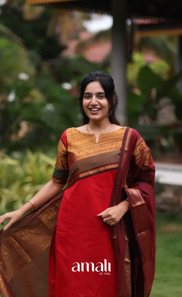 Meera Red with Deep Maroon Chettinad Cotton Salwar salwar