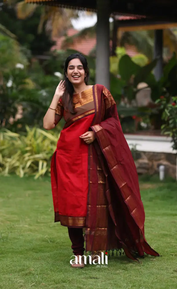 Meera Red with Deep Maroon Chettinad Cotton Salwar salwar
