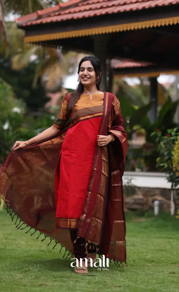 Meera Red with Deep Maroon Chettinad Cotton Salwar salwar