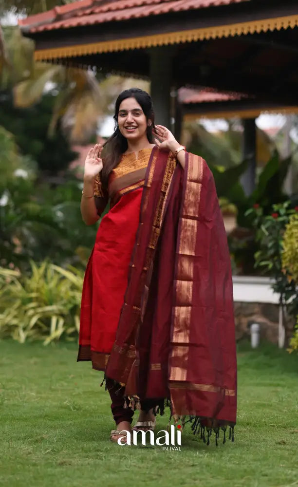 Meera Red with Deep Maroon Chettinad Cotton Salwar salwar