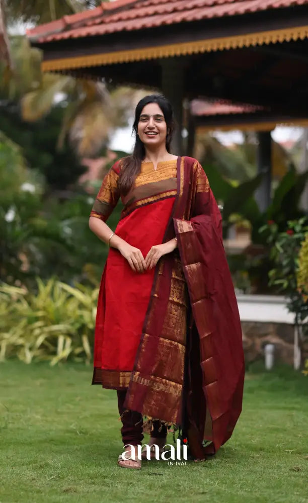 Meera Red with Deep Maroon Chettinad Cotton Salwar salwar