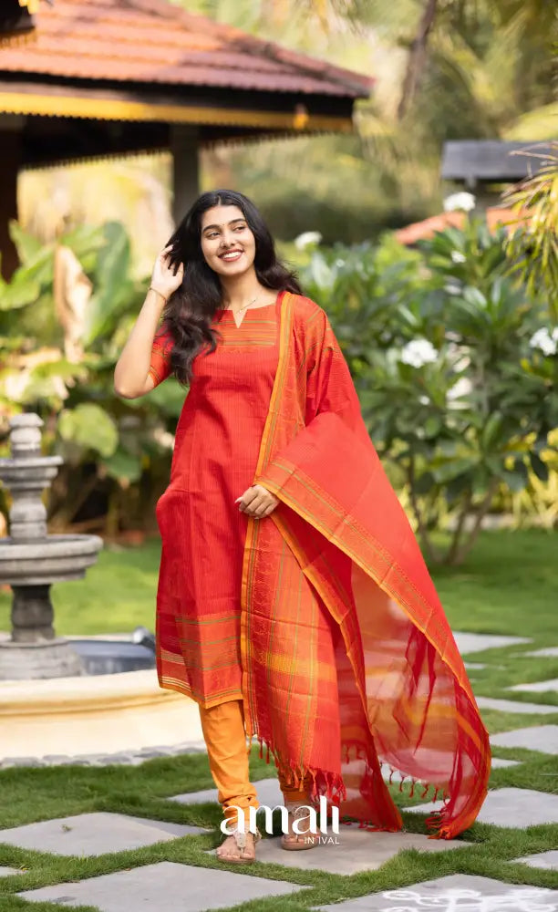 Meera Red with Mustard Yellow Chettinad Cotton Salwar salwar