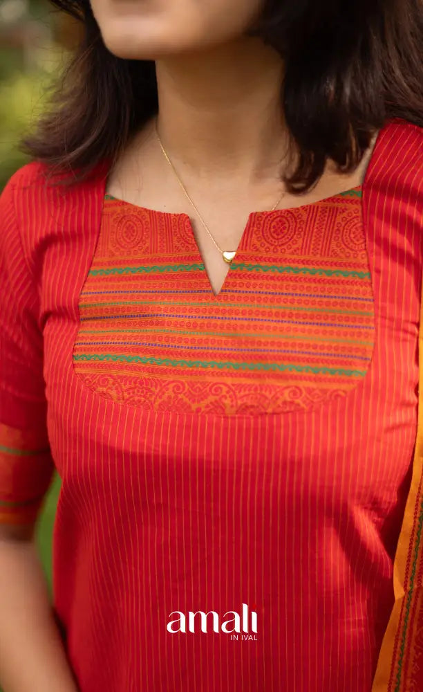 Meera Red with Mustard Yellow Chettinad Cotton Salwar salwar