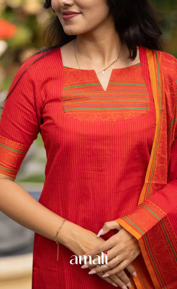 Meera Red with Mustard Yellow Chettinad Cotton Salwar salwar