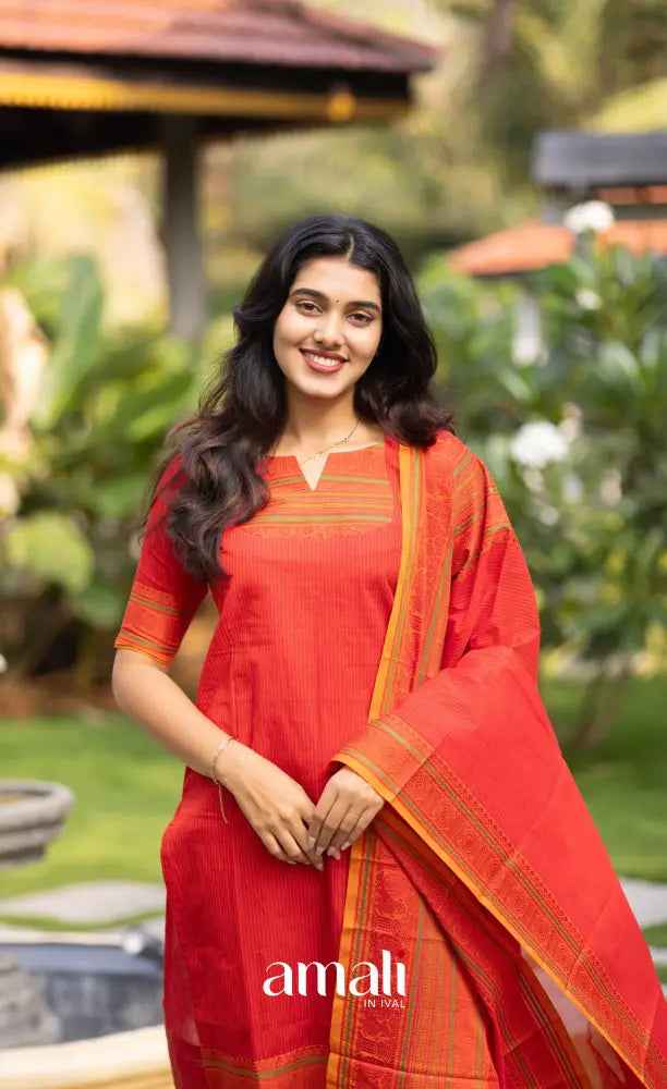 Meera Red with Mustard Yellow Chettinad Cotton Salwar salwar