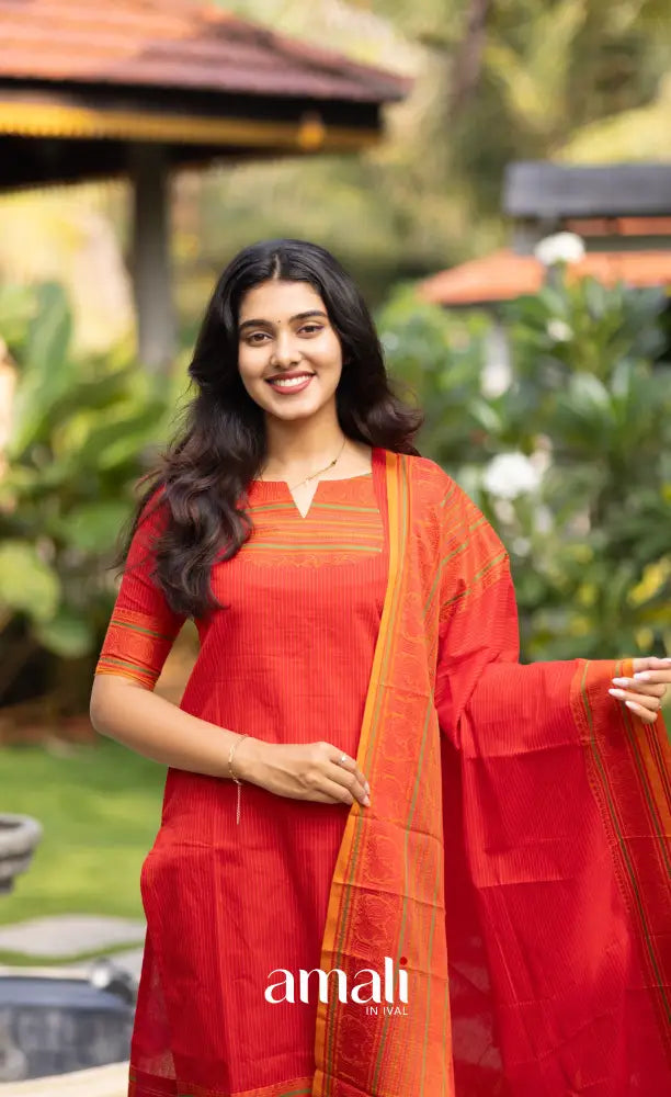 Meera Red with Mustard Yellow Chettinad Cotton Salwar salwar
