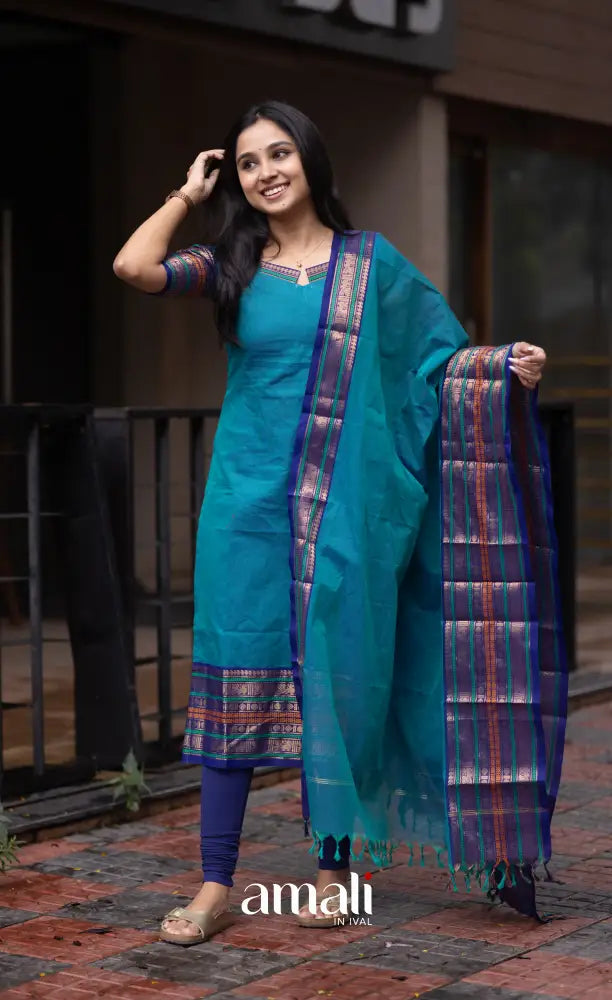 Meera Two-tone Blue with Dark Blue Chettinad Cotton Salwar salwar