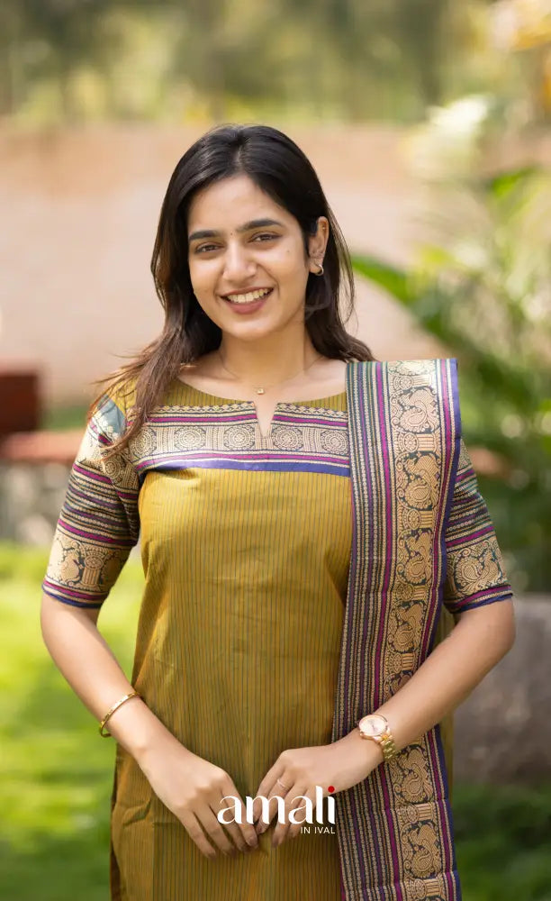 Meera Two-tone Henna Mustard with Dark Blue Chettinad Cotton Salwar salwar