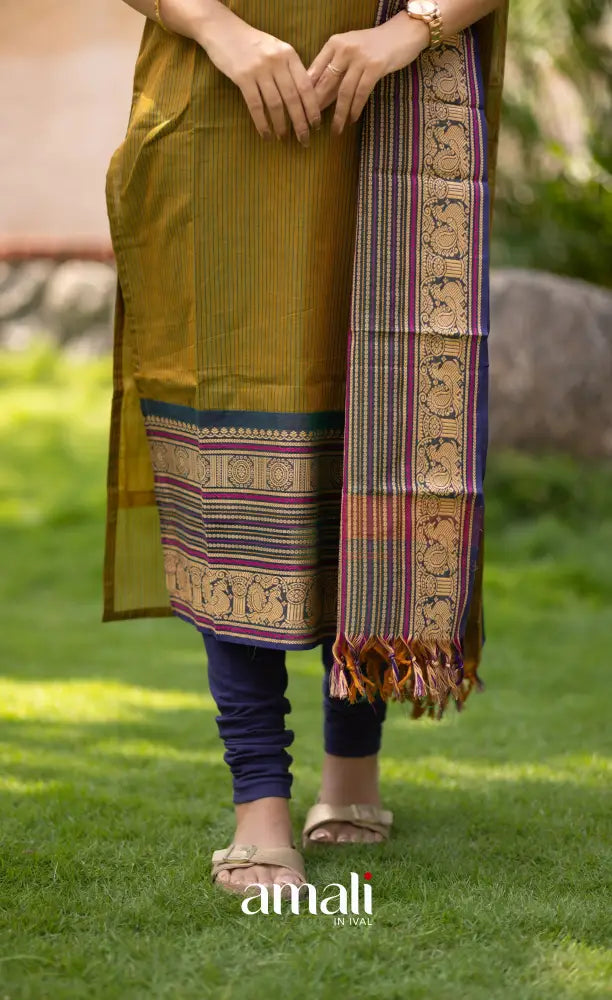 Meera Two-tone Henna Mustard with Dark Blue Chettinad Cotton Salwar salwar
